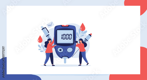 Two women holding a giant digital glucose meter while surrounded by insulin pens and blood drops for diabetes awareness.