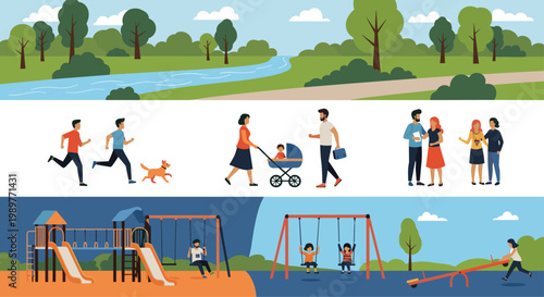 Public park landscape banner showing various people enjoying outdoor activities like jogging and playing on a playground.