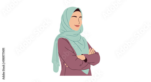 A confident woman wearing a hijab and standing with her arms crossed