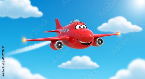Animated red jet airplane with a friendly expression soars through a bright blue sky with white clouds