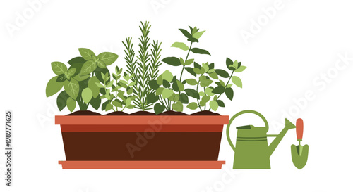 A vibrant vector illustration of a planter with herbs and gardening tools