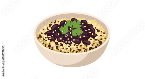 A vector graphic illustration of a bowl of oatmeal with blueberries and mint