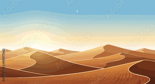 Stylized Desert Dunes Landscape with Crescent Moon and Warm Sunset