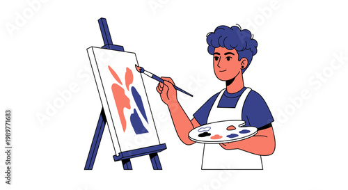 A cartoon artist painting a vibrant abstract piece on an easel