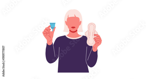 A woman holding menstrual products in a modern flat illustration style