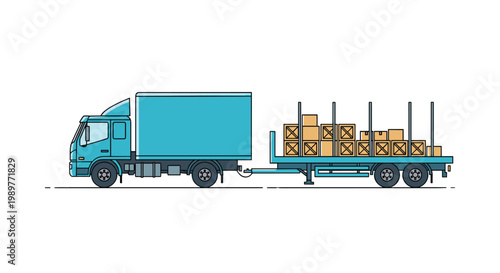 Large blue cargo truck pulling a long flatbed trailer loaded with multiple brown wooden crates for logistics transport.
