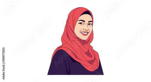 A smiling Muslim woman wearing a hijab in a modern vector illustration