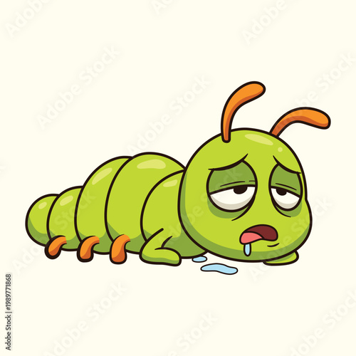 Cartoon Style Exhausted Green Caterpillar Character with Drool Illustration