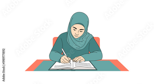A Muslim woman wearing a hijab studying at a desk with a book