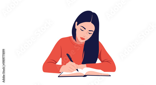 A woman with long dark hair writing in a notebook with a pen