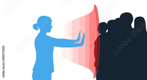 A blue silhouette of a woman standing in front of a red barrier with a group of dark silhouettes in the background