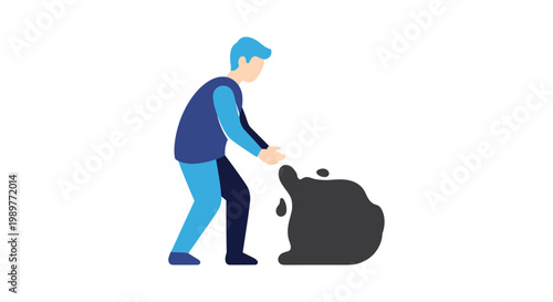 A man putting money into a large piggy bank in a simple vector graphic