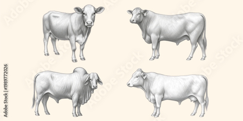 Detailed Line Art Cow Set Featuring Realistic Cattle and Bull – Vector Illustration