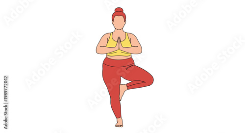 A woman in a yoga pose with a peaceful expression and red attire