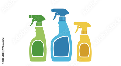 A colorful illustration of three cleaning spray bottles in different sizes
