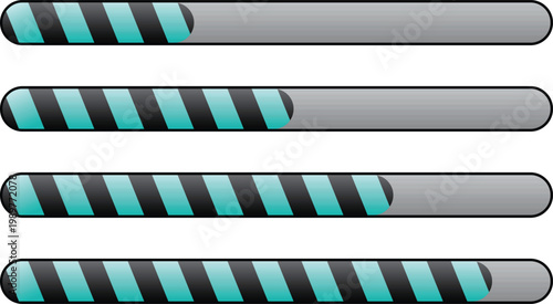 Striped teal loading progress bar set with metallic background. Modern UI status indicators showing different completion levels. Clean web and app interface elements for progress tracking.