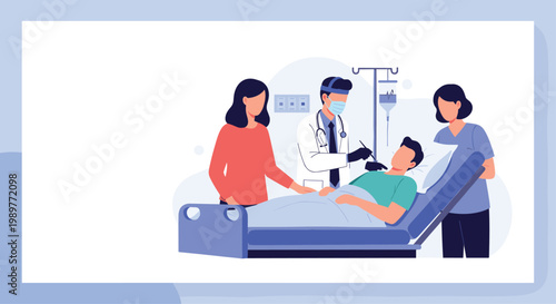 Medical team providing care to a patient in a hospital bed with a family member and nurse monitoring his recovery.