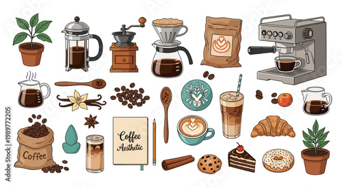 A colorful and vibrant collection of coffee-related items and accessories for design and branding purposes with various cups and beans around.