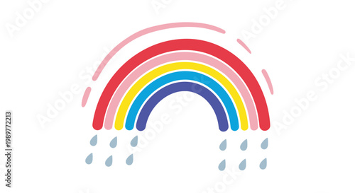 A colorful rainbow vector graphic with raindrops on a white background
