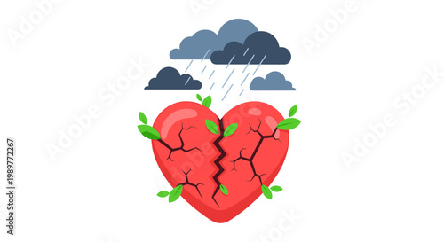 A broken heart with cracks and green vines under dark stormy clouds