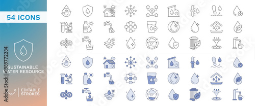 Foto Water Conservation and Ecology Outline Icons Set featuring Water Purification, S