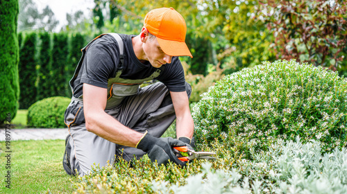 Gardener trims plants with shears in a landscaped garden during afternoon hours