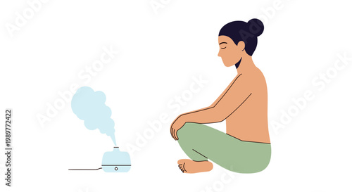 A woman sits cross-legged on the floor with a steam inhaler