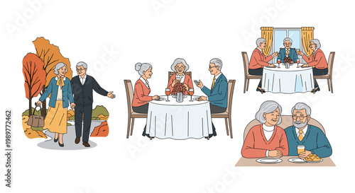 Set of scenes showing elderly couples enjoying their retirement lifestyle through walking in the park and dining out.