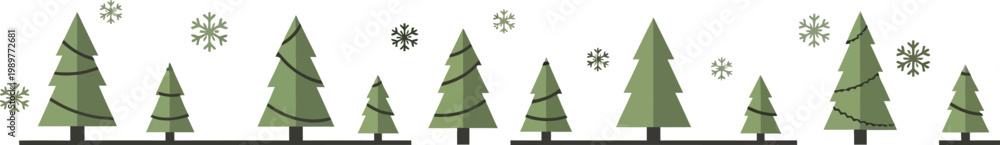 Fototapeta premium Christmas Fir Tree Border with Falling Snowflakes Flat Vector Design Background