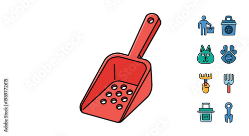 Red plastic cat litter scoop displayed alongside a set of various pet care icons including grooming, feeding, and medical symbols.