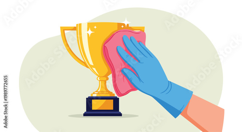 Person wearing a blue protective glove cleaning and polishing a gold trophy with a pink cloth to maintain a shiny winner surface.