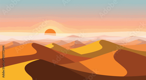 Desert Sunset Landscape, Sand Dunes, Warm Colors, Horizon View