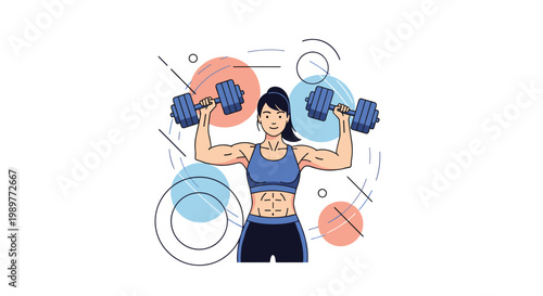 Strong athletic woman performing an overhead shoulder press with dumbbells surrounded by abstract circles and decorative lines.