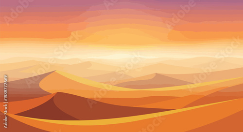 Vibrant Desert Dunes Sunset Landscape, Warm Orange Hues, Serene Horizon