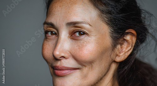 Natural beauty portrait of a middle-aged Asian woman with healthy skin. Simple gray background