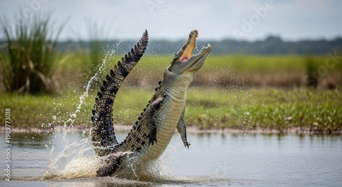 Spectacular leap: Saltwater crocodile bursts from water in a powerful hunting display