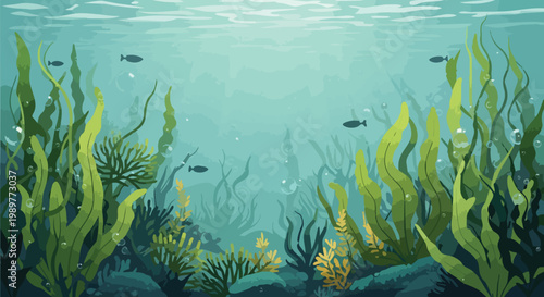 Underwater Ocean Scene with Kelp Forest and Small Fish