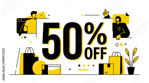 Discount shopping banner with 50 percent off sale sign and various shopping items in yellow and black colors on white background for marketing and advertising purposes