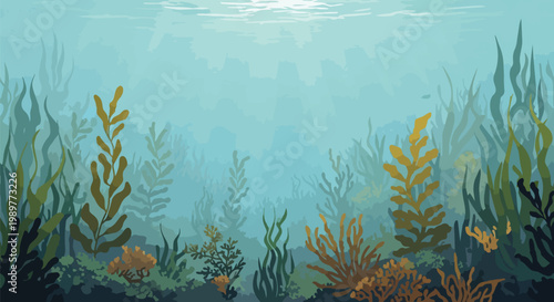 Underwater Ocean Scene with Kelp Forest and Sunlight Rays
