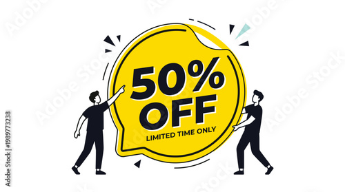 Vibrant sale promotion graphic featuring business people celebrating a massive fifty percent off discount offer