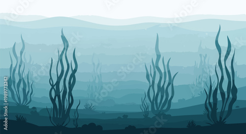 Underwater landscape with kelp forest and ocean waves in blue hues