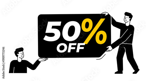 Two men holding a large discount sign with fifty percent off text for marketing and advertising purposes in a business or retail setting with a promotional offer.