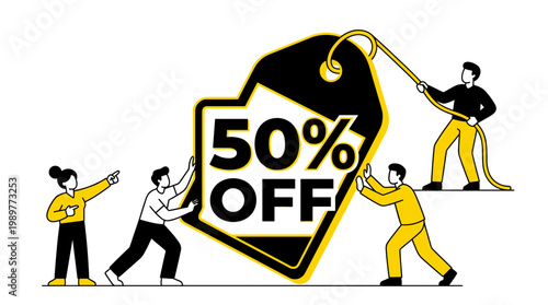 Vibrant vector illustration showing people pulling a giant sale discount banner with fifty percent off