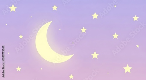 Glowing crescent moon and stars illuminate a soft pastel twilight sky