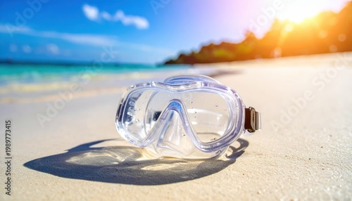 Clear Diving Mask on Sandy Beach with Ocean and Sunset Background