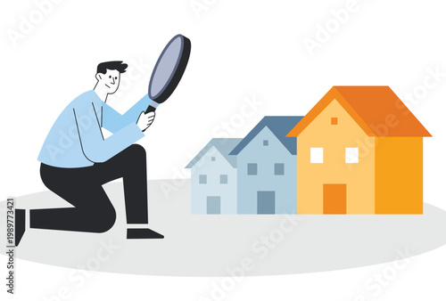 Man using a magnifying glass to inspect various houses for a potential property purchase or investment search.