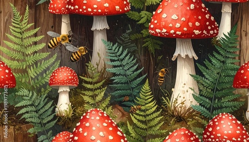 Enchanted Forest Scene with Red Mushrooms and Busy Honey Bees