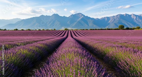 Lavender Field Rows with Mountains in the Background under Blue Sky