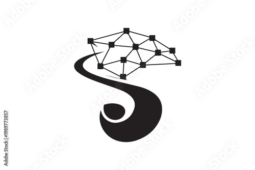 Abstract letter s formed by interconnected network of squares representing brain and technology concepts on white background.