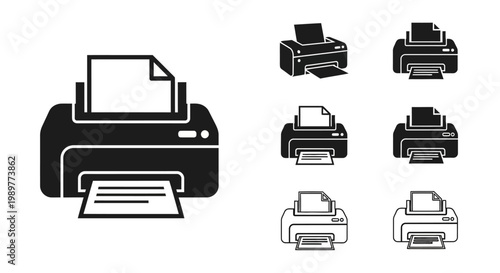 Printer Icon Set: Modern Office Equipment for Printing Documents and Graphics